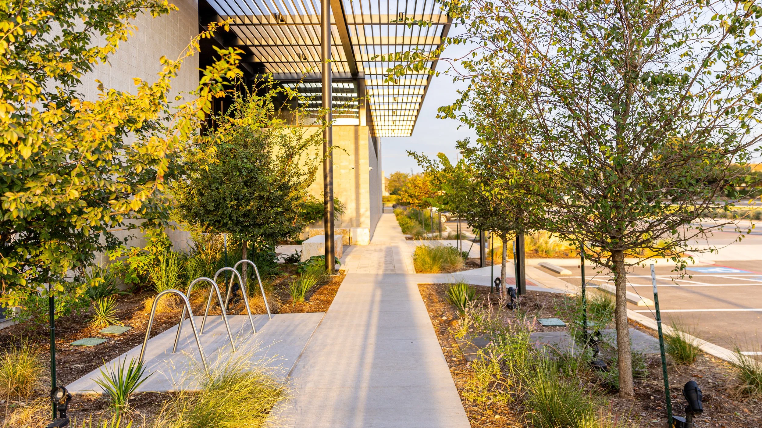 Sidewalk running alongside a modern building with trees and plants on either side, parking lot in the background, in bright sunlight.