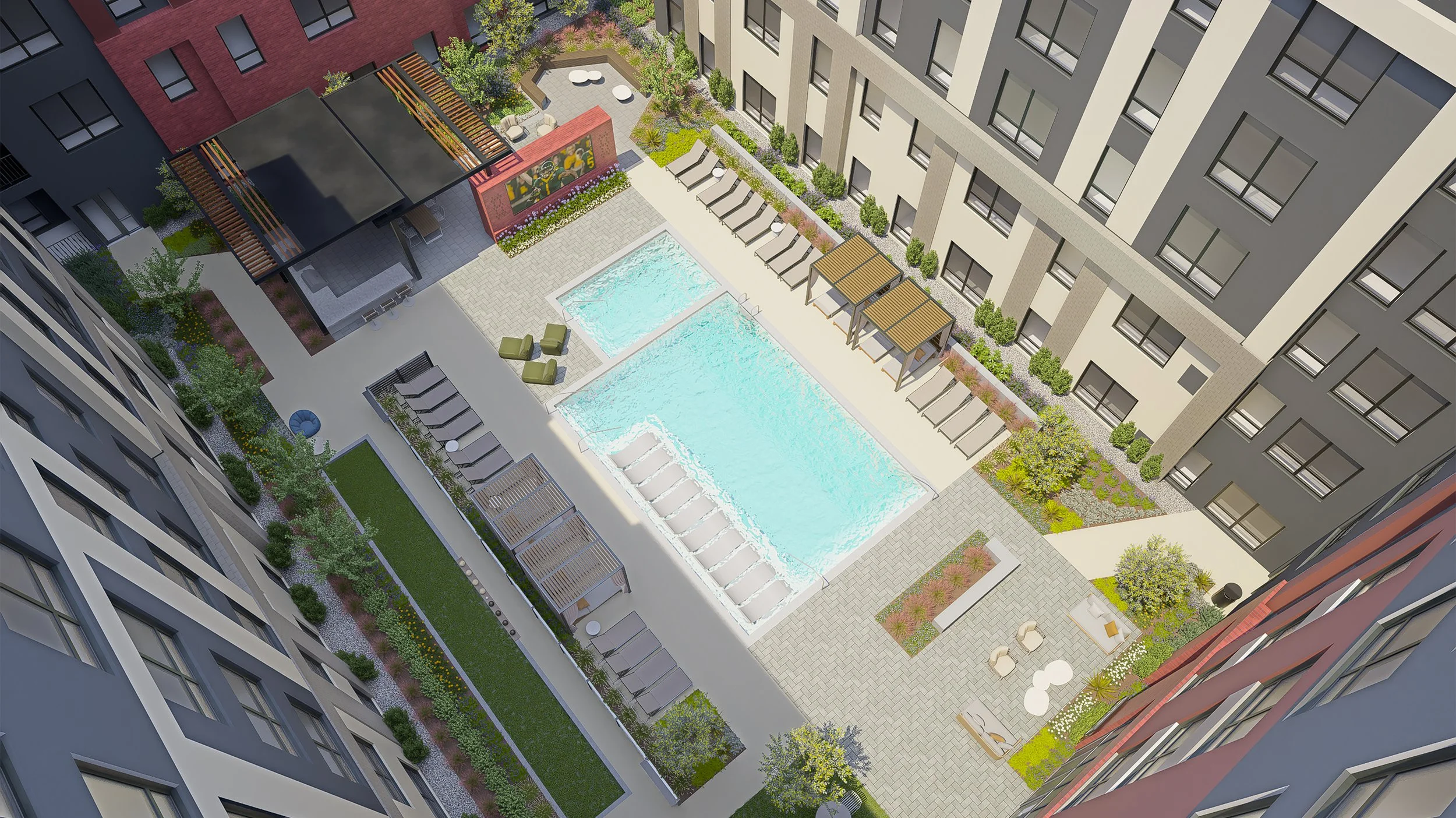 Aerial view of a modern apartment complex outdoor area with a swimming pool, lounge chairs, shaded seating areas, and landscaped gardens.