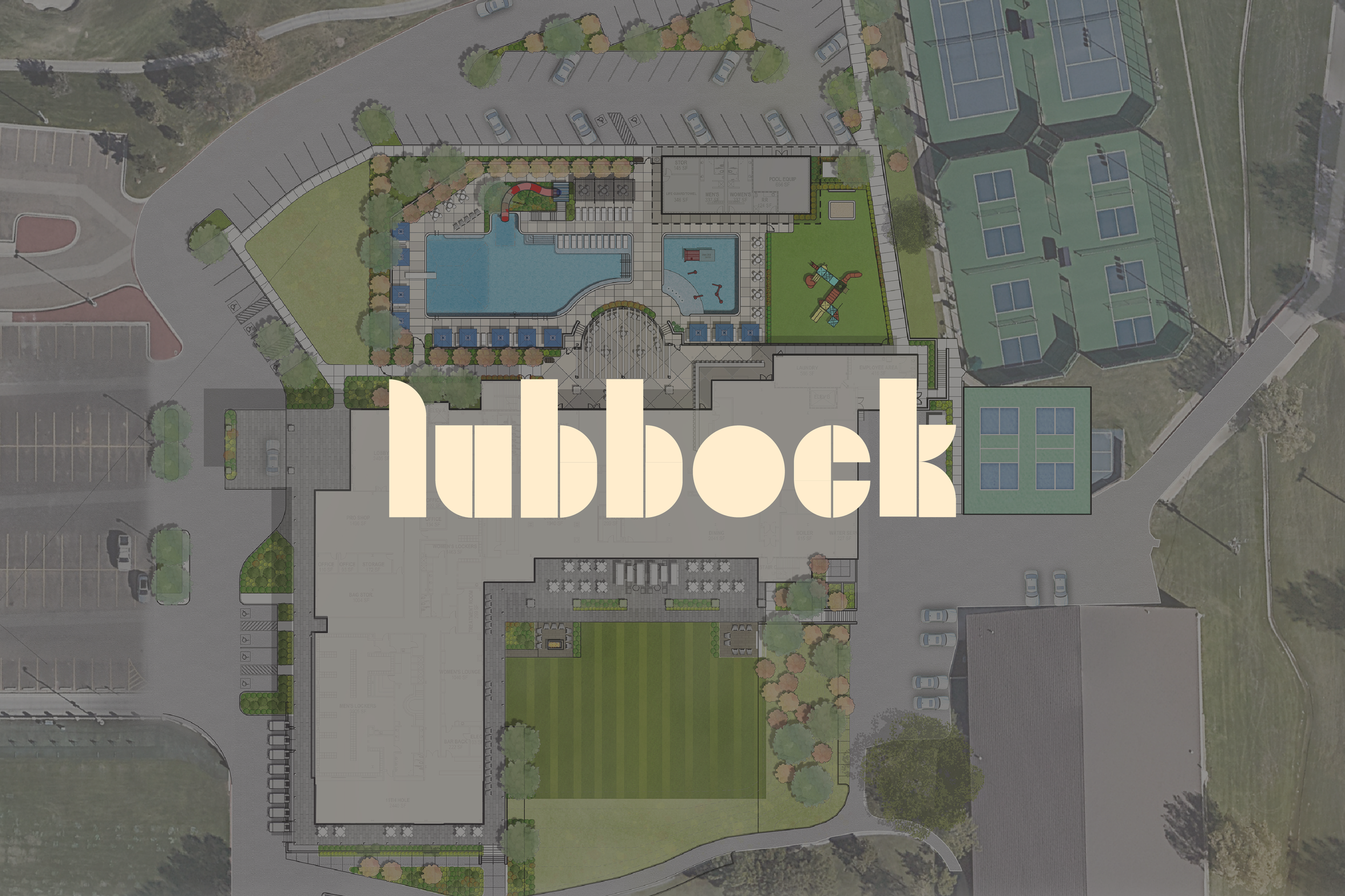 Aerial view of a community layout with parking lots, a pool area, tennis courts, playground, and green spaces, overlaid with the word 'lubbock' in large beige text.