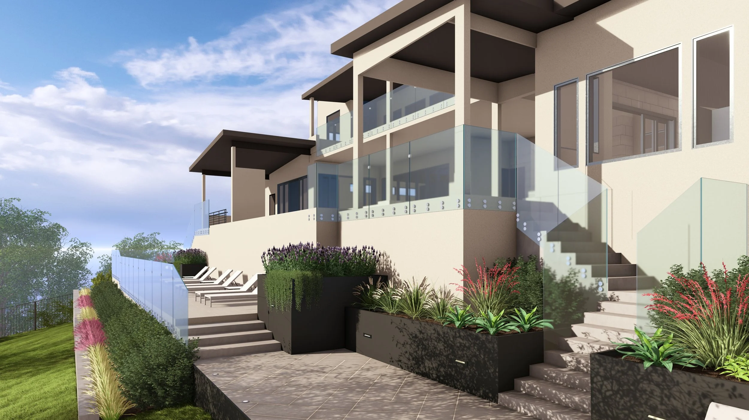 Modern multi-level house with glass balustrades, outdoor stairs, lush landscaping, and patio area with lounge chairs.