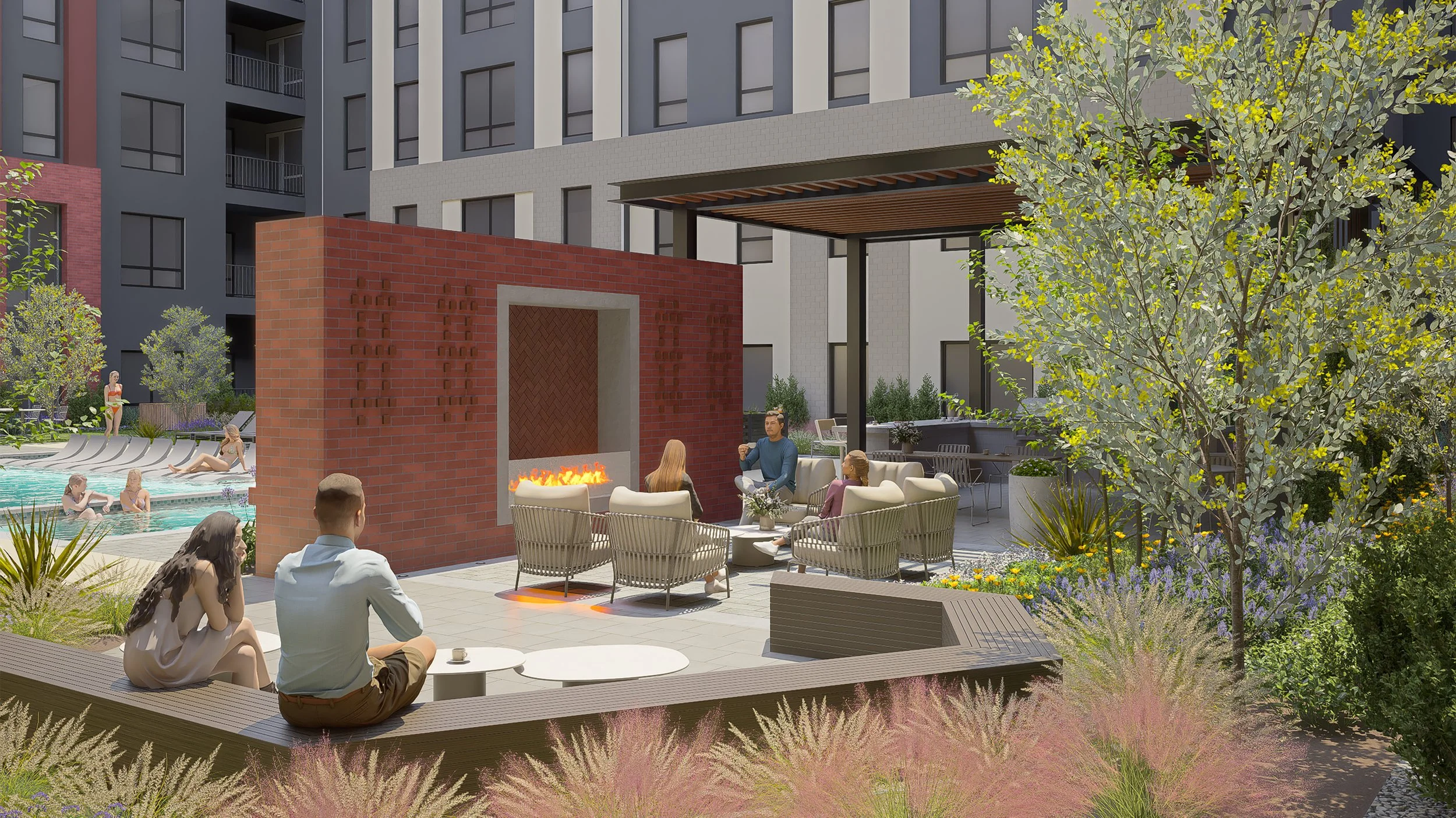 People relaxing by a swimming pool and sitting around a fire pit in an apartment courtyard, surrounded by trees and plants.
