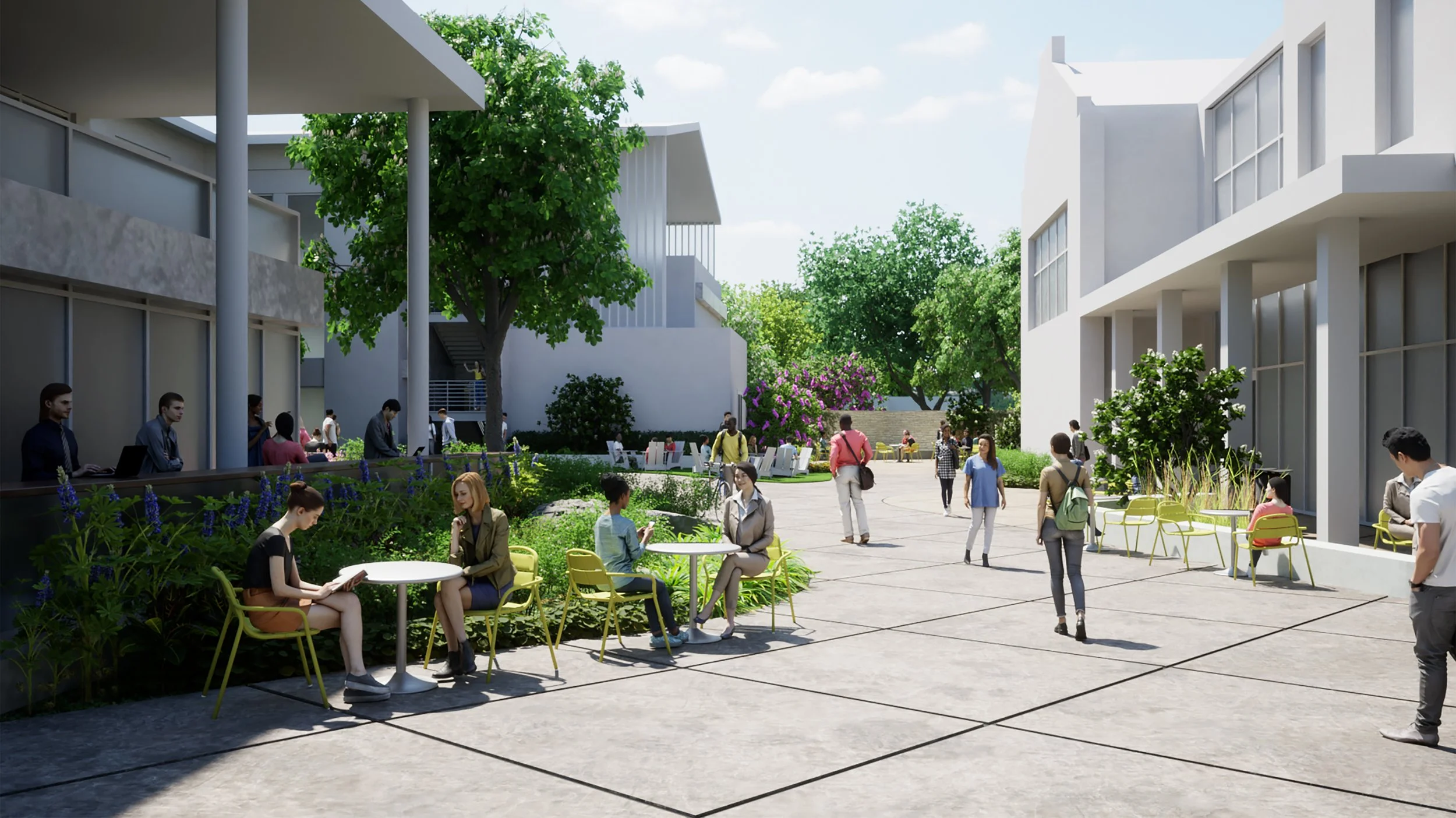 A modern outdoor public space with people sitting at yellow chairs and tables, walking, and chatting under trees, with white contemporary buildings in the background.