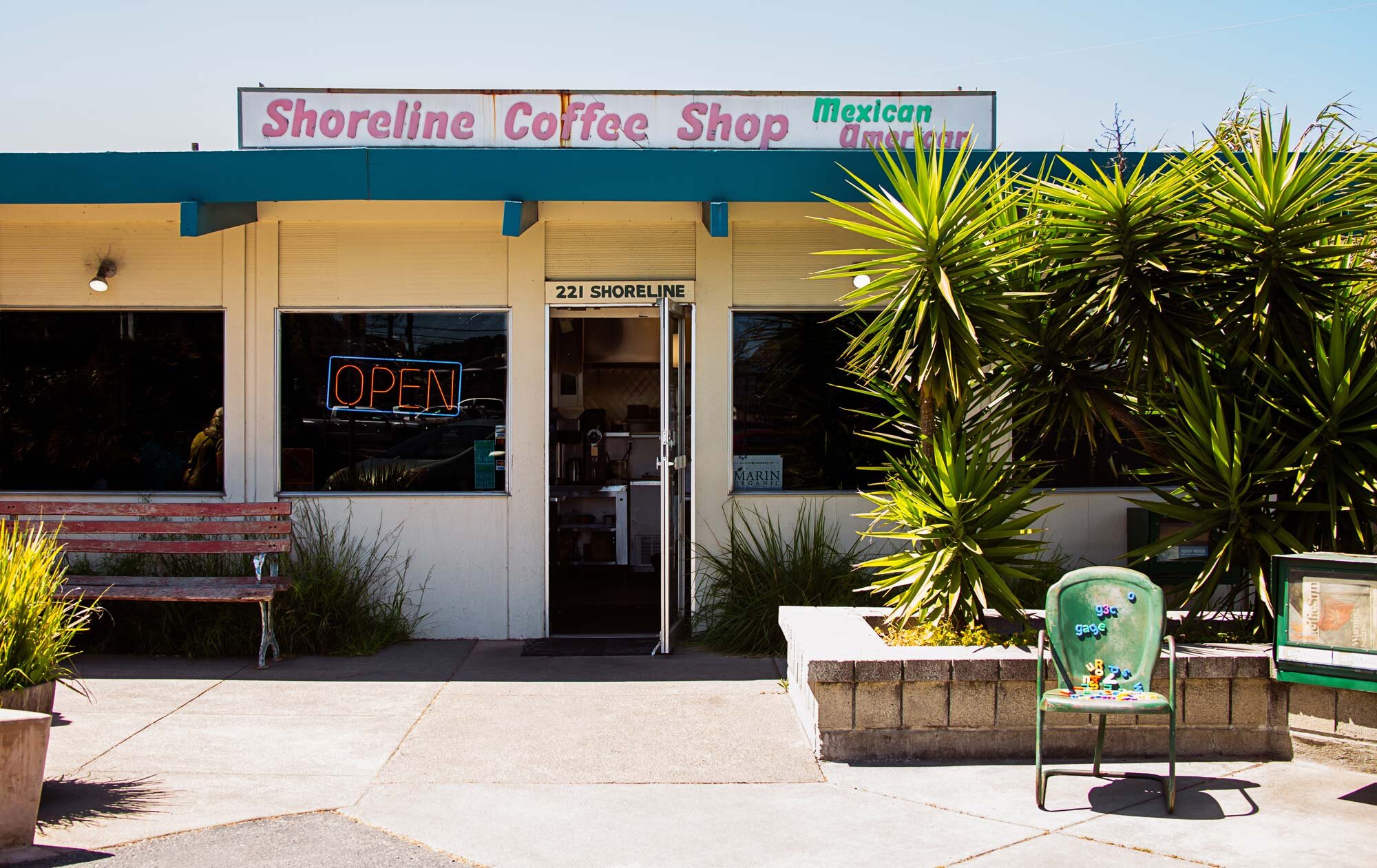 An exterior photo of Shoreline Coffee Shop on a sunny day