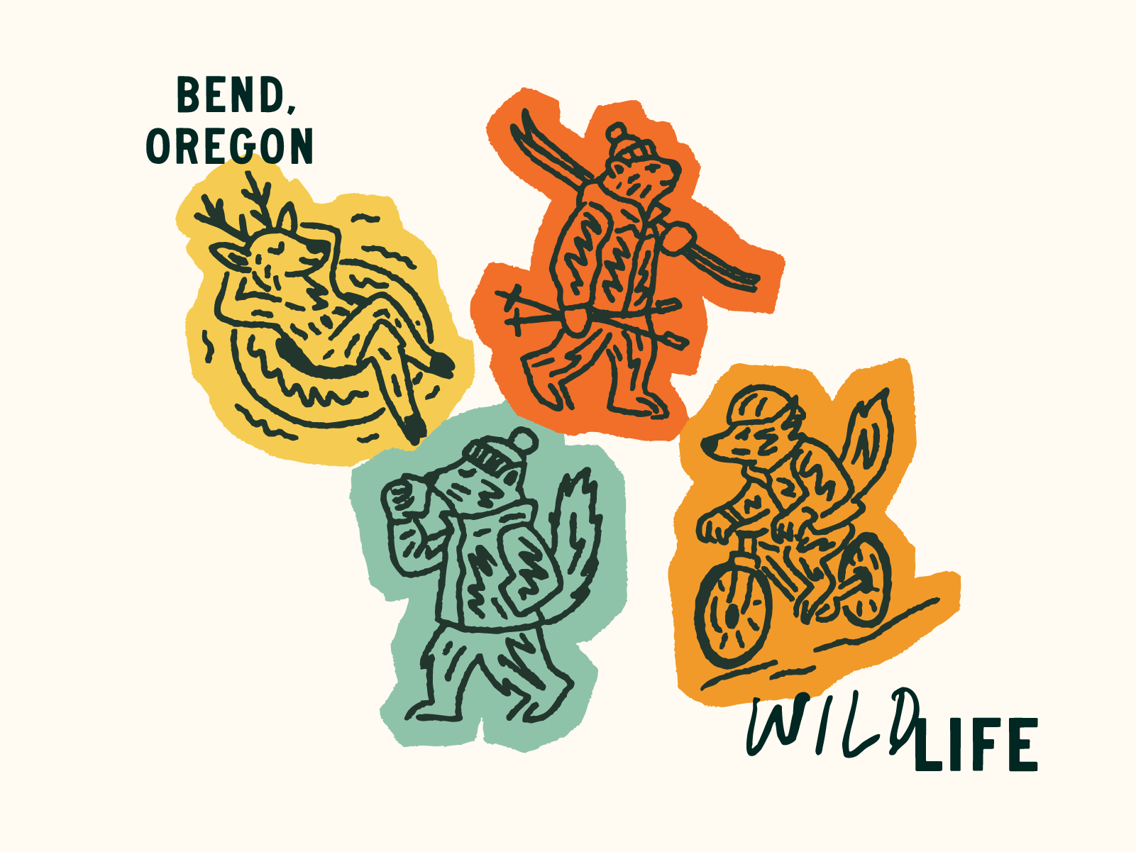 Illustration of four wildlife and outdoor adventure scenes outlined in black with colorful backgrounds: a deer resting, a hiker with a backpack and walking stick, a dog riding a bicycle, and a person carrying a fishing rod, with the words 'BEND, OREGON' and 'WILD LIFE'.