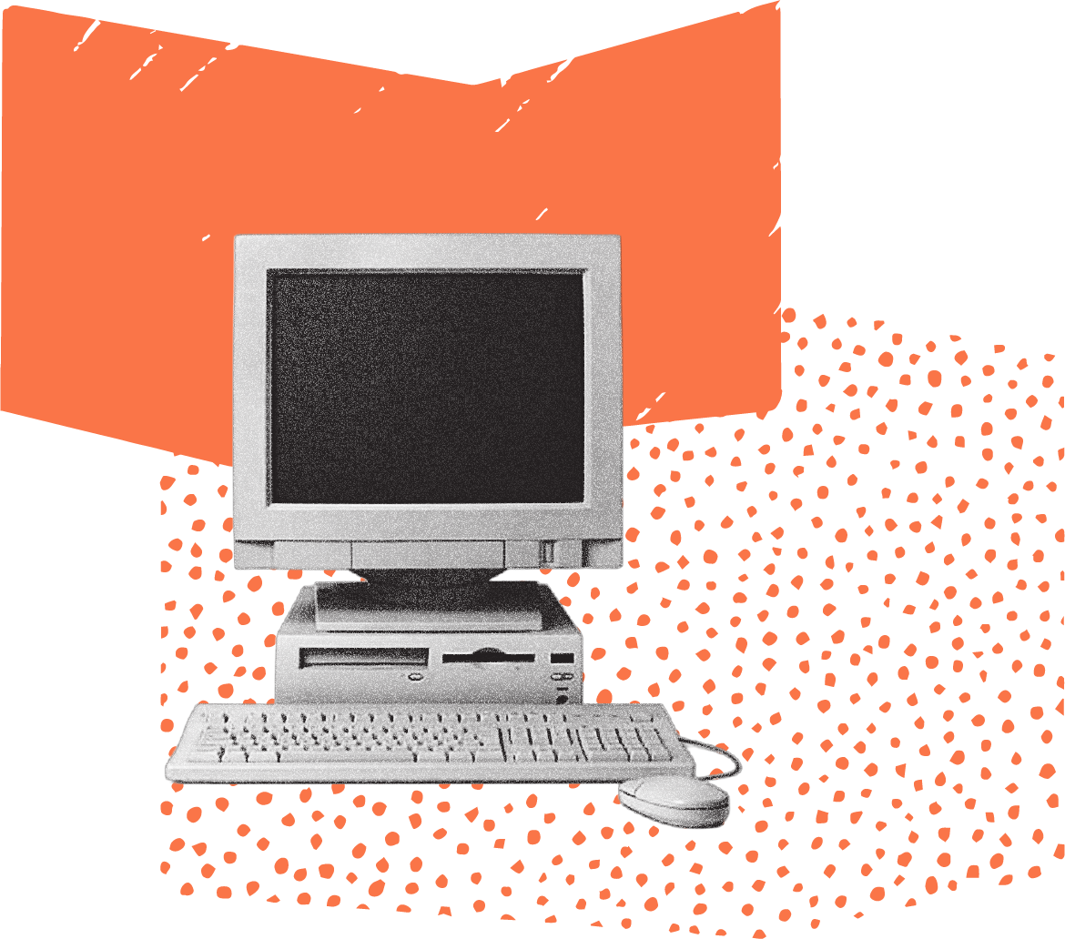 Old-fashioned desktop computer with monitor, keyboard, and mouse on an orange and white patterned background.