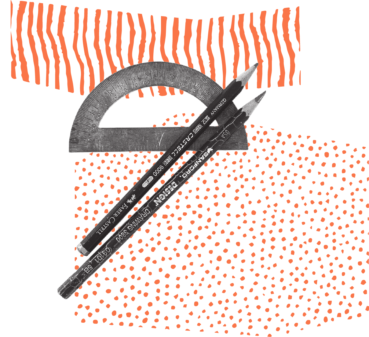 Drawing tools, including a protractor, a curved ruler, and two pencils, placed on layered colorful patterned paper.