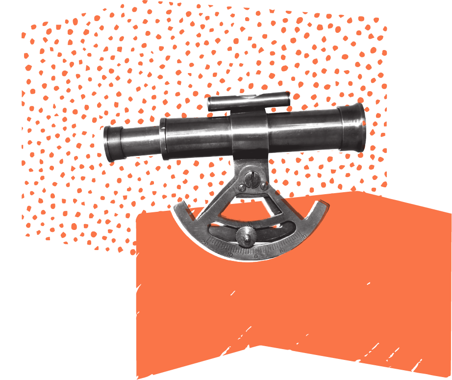 A vintage brass telescope mounted on a metal stand against an abstract orange and white background.