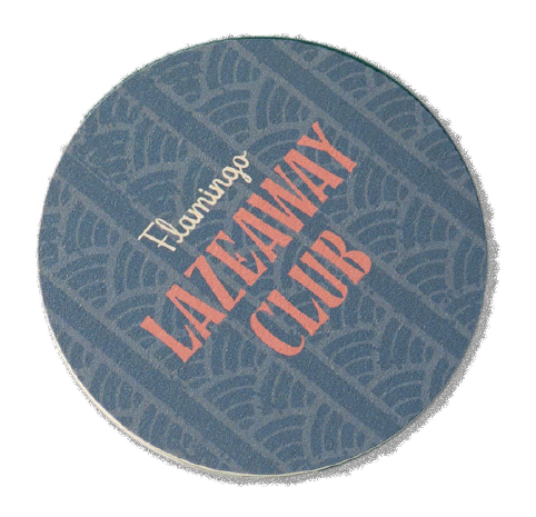 A circular badge with a blue background and a patterned leaf design. It has the text 'Flamingo LAZANIMAL CLUB' with 'LAZANIMAL' in large orange letters and the other words in smaller white letters.
