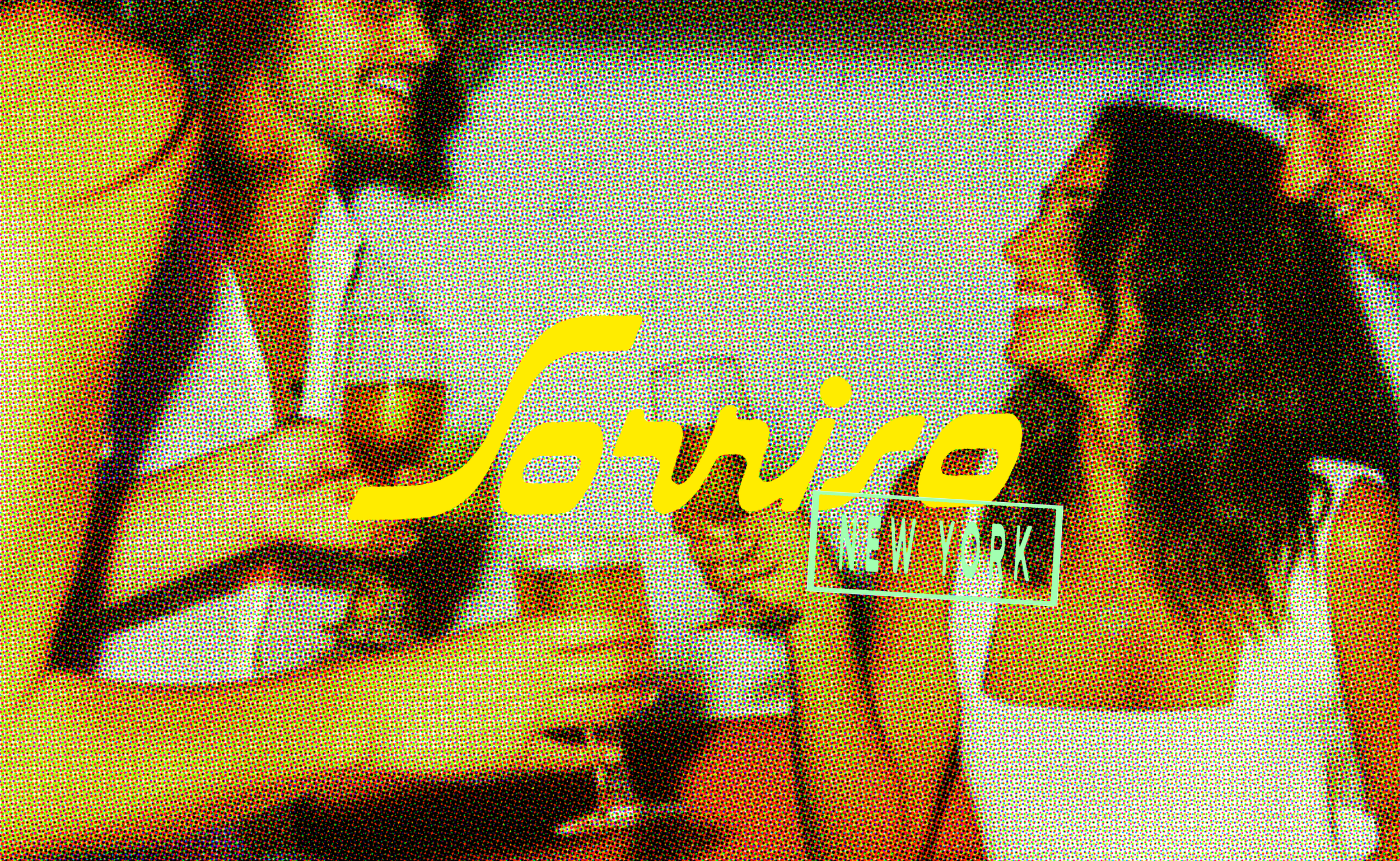 Group of young women at a social gathering, holding glasses with drinks, engaging in conversation, with a neon sign reading 'Sorriso' and 'New York' in the foreground.