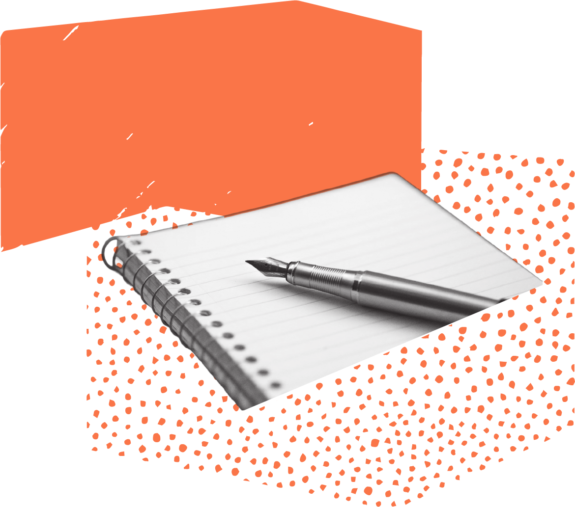 Black fountain pen resting on lined notepad on orange background with dotted patterns.