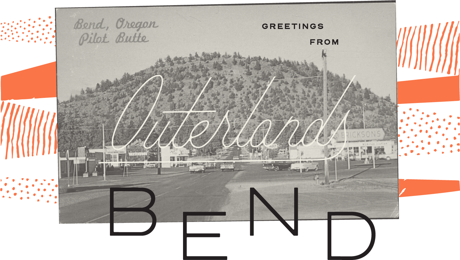Vintage black and white postcard of Oakland, Oregon with text overlay and a hillside in the background.