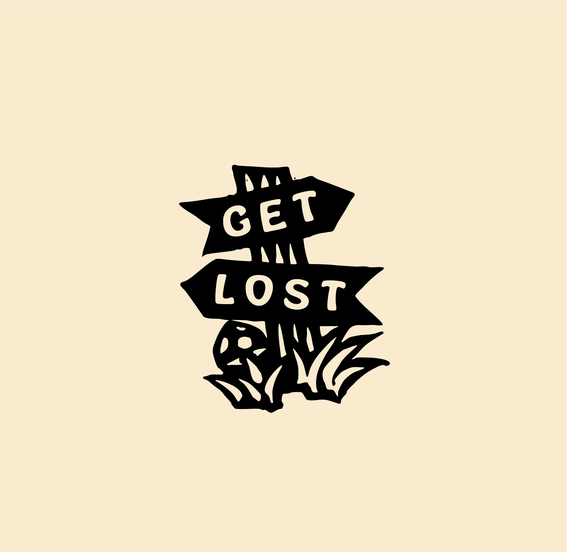linocut illustration of a trail sign with the words "get" and "lost" on two arrows pointing in two directions.