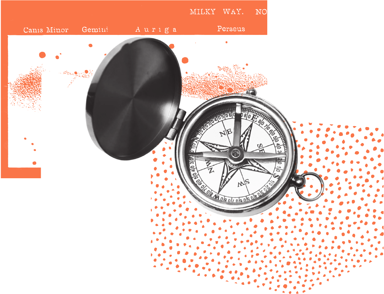 A black and white compass with an open cover, showing directional markings, resting on a two-tone orange and white background.