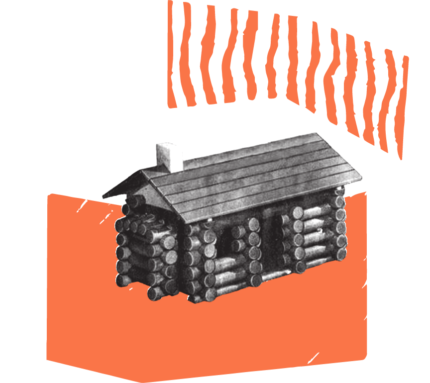 A black-and-white photograph of a small log cabin with a wooden roof and a chimney, set against a background with abstract orange and white shapes.