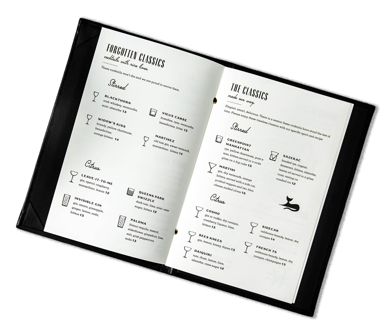 An open cocktail menu titled 'Forgotten Classics' featuring classic drinks, with descriptions and prices, on a black background.