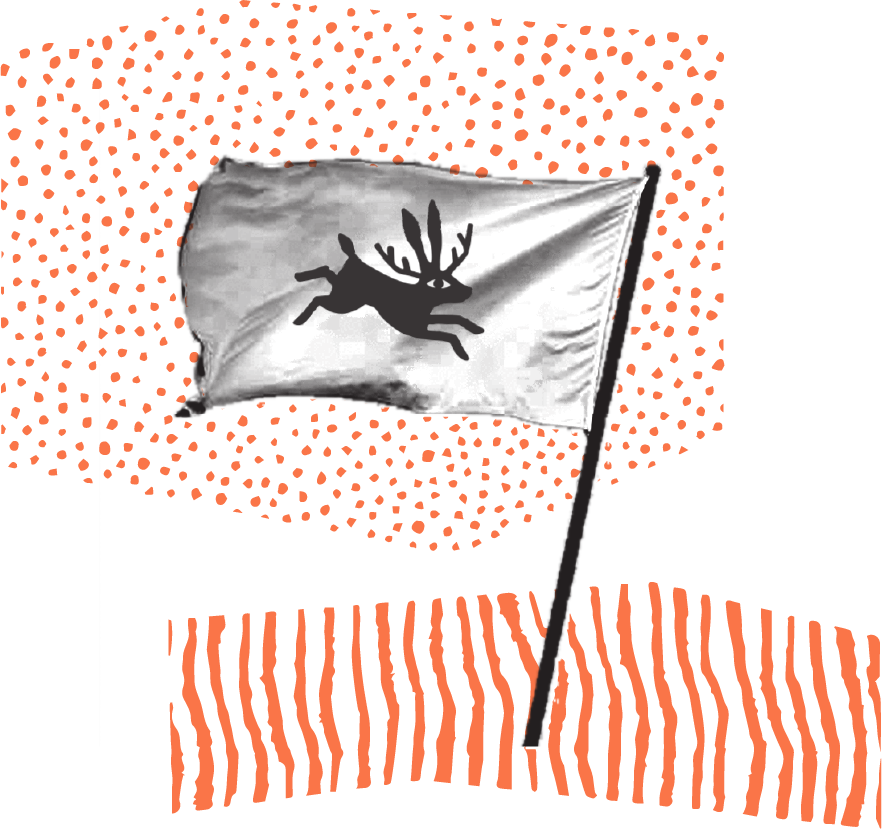 A black and white flag featuring a silhouette of a reindeer, set against an orange background with abstract patterns.