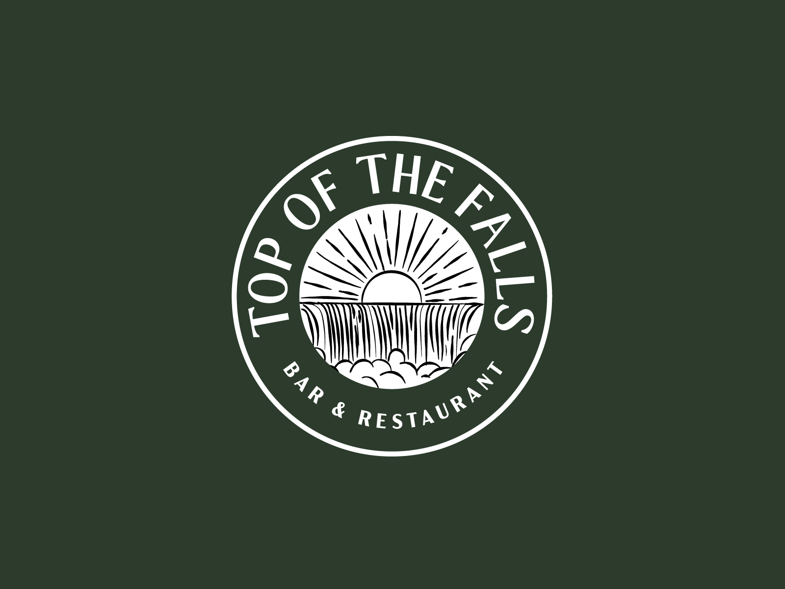 Logo for Top of the Falls Bar & Restaurant with a circular design featuring a sunset over a waterfall.