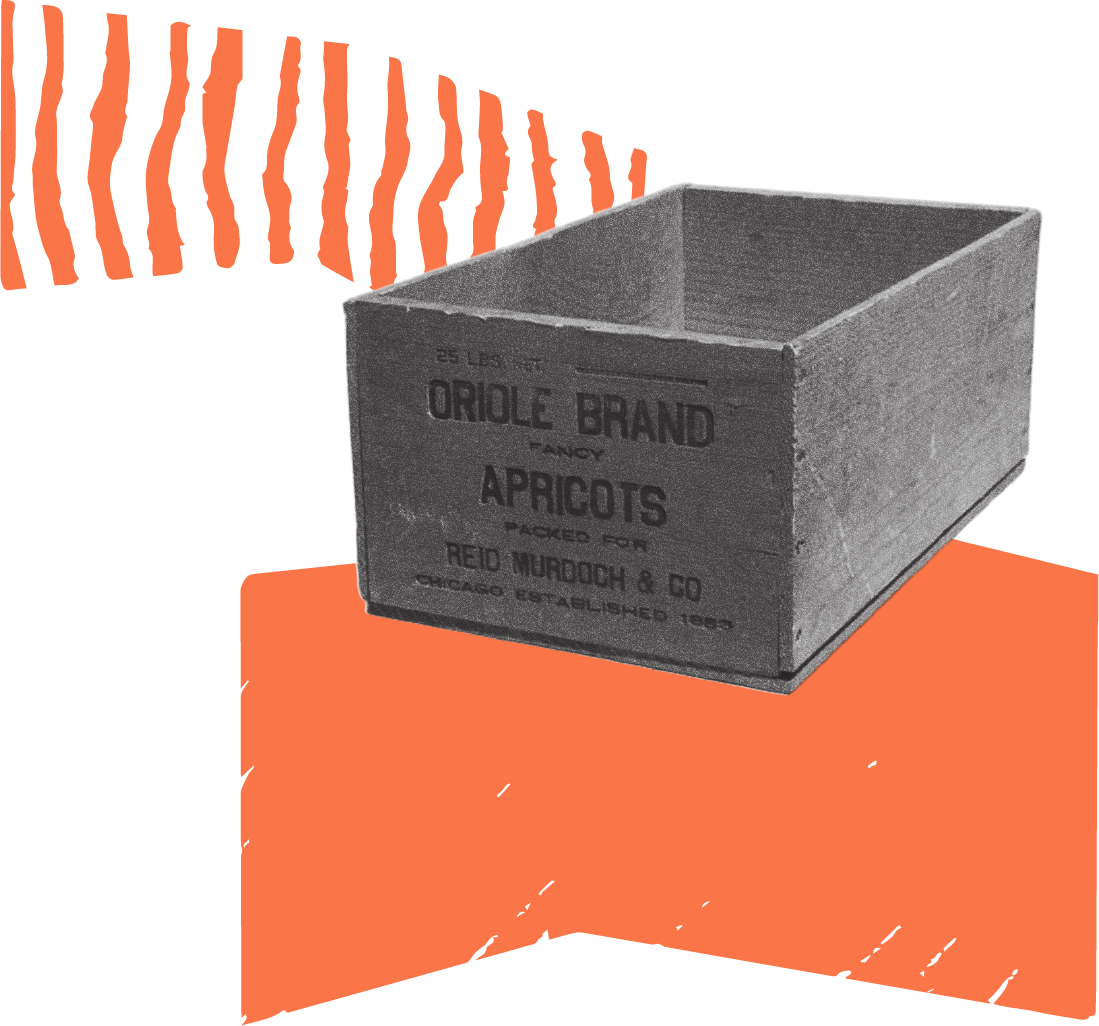 Black and white vintage wooden box with text, set against a stylized orange and white background.