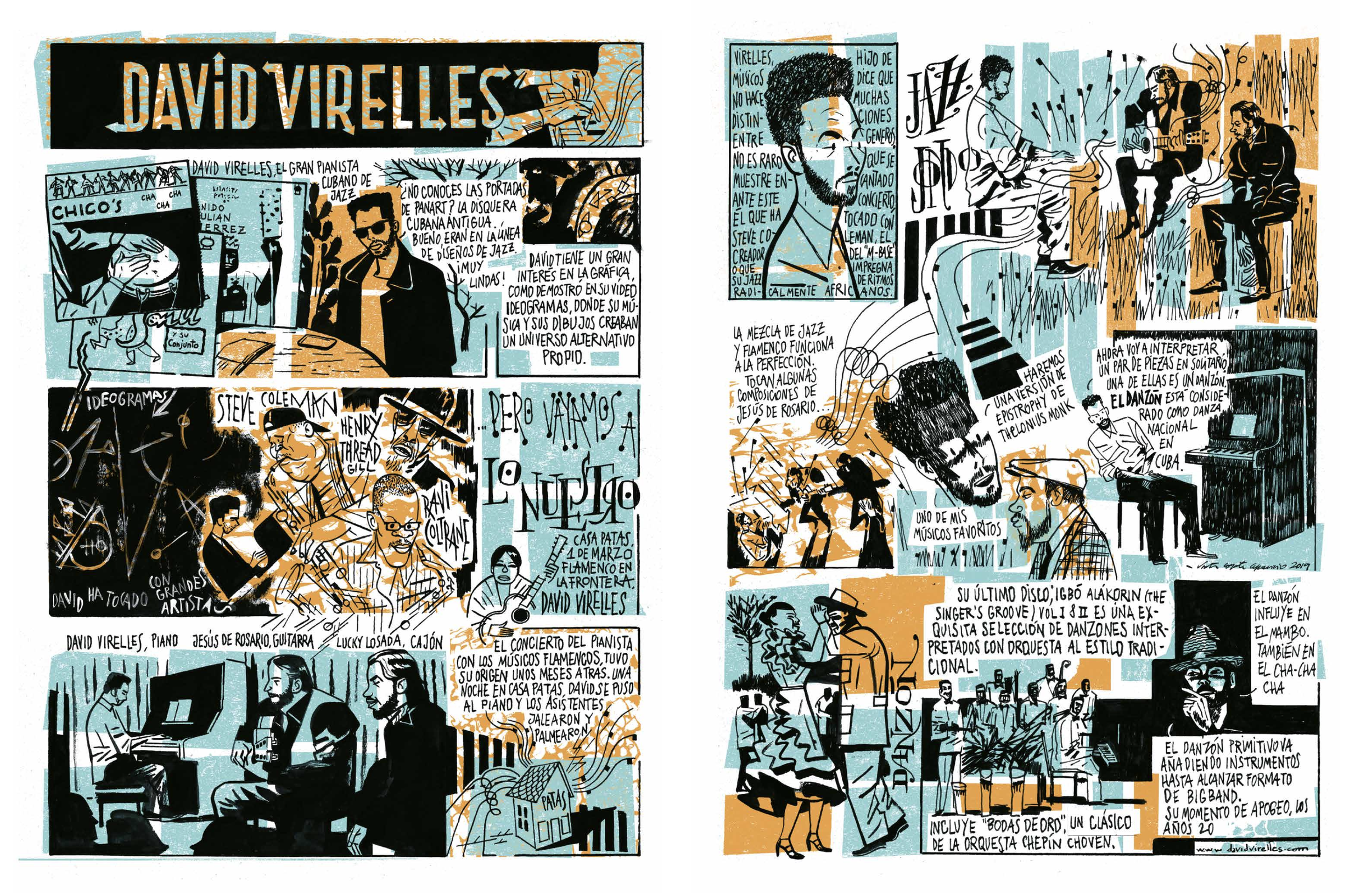 Comic by the late artist Victor Coyote documenting Virelles' collaboration with Jesús de Rosario and Lucky Losada in Madrid