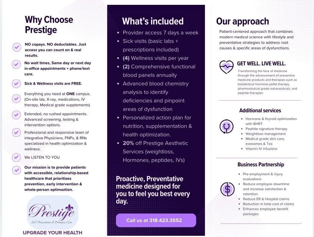 Brochure for Prestige healthcare services, with sections on why choose Prestige, what's included, approach, additional services, and business partnership, featuring bullet points and icons.