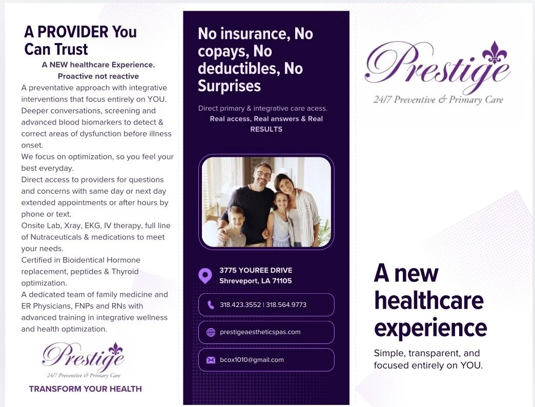 Brochure for Prestige, a healthcare provider, highlighting no insurance, copays, deductibles, or surprises. Contains contact info, address, and a photo of a happy family. Emphasizes proactive, integrative, and personalized primary care.