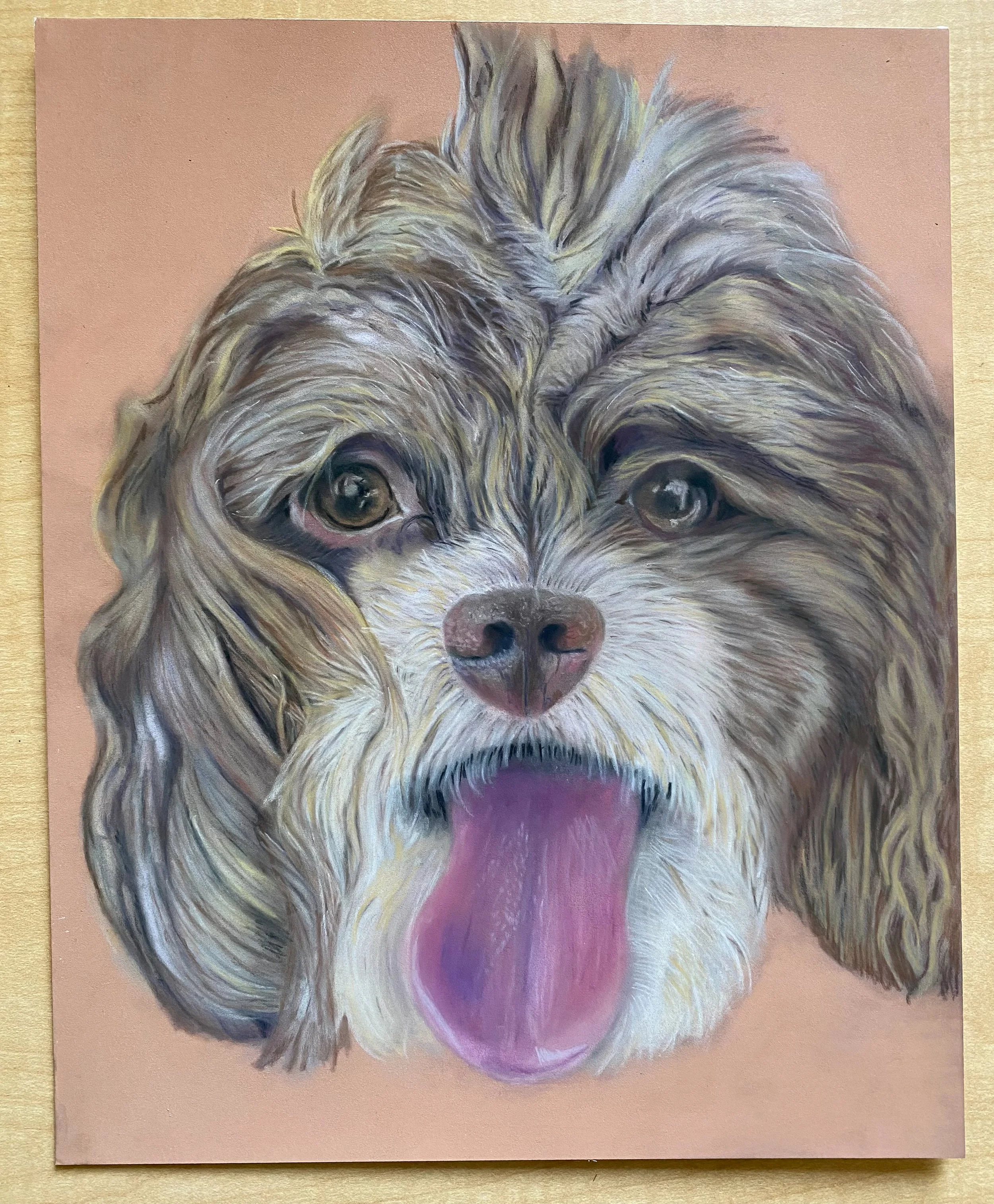 A realistic painting of a dog with brown and white fur, its pink tongue sticking out, and expressive eyes.
