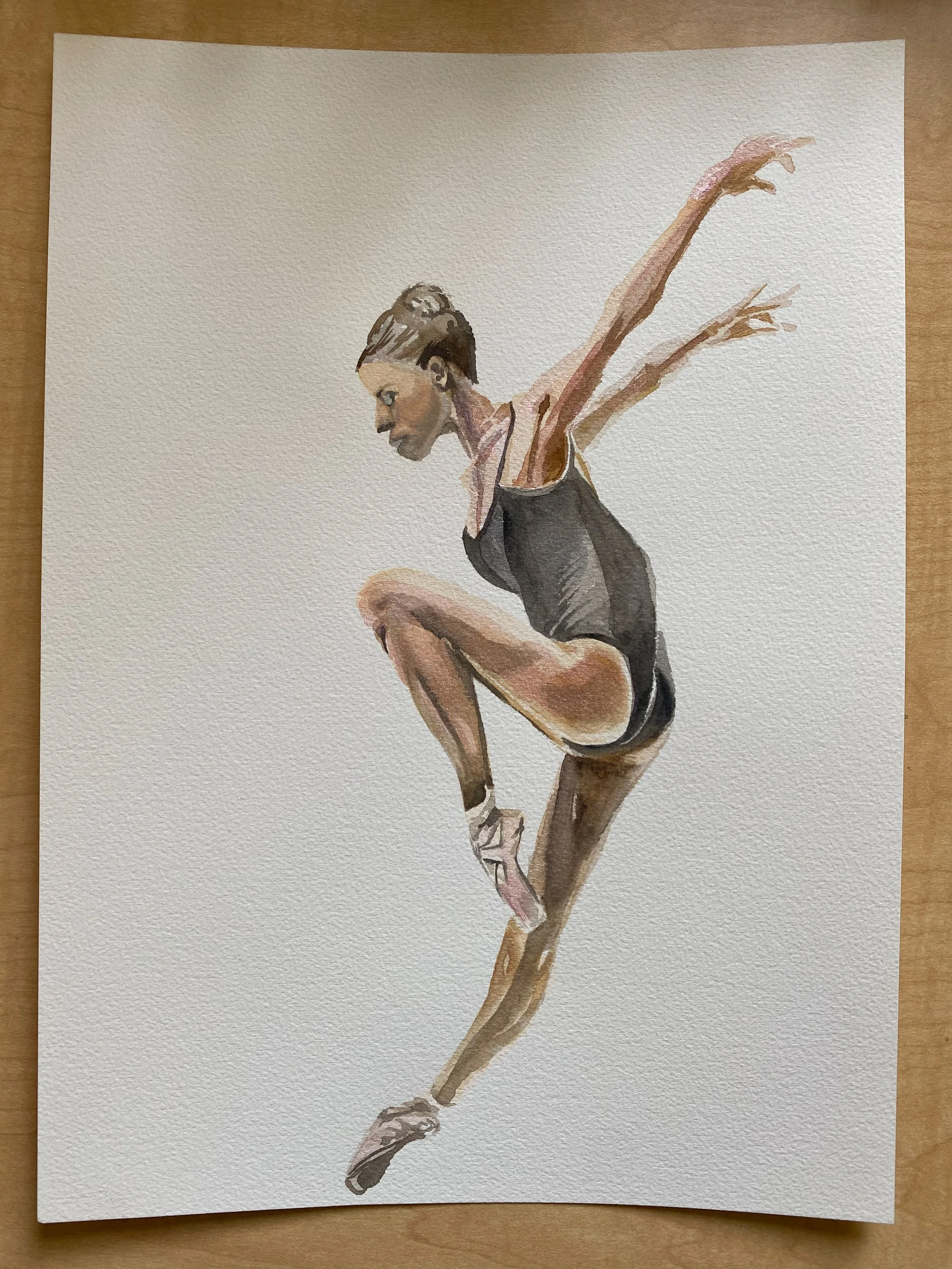 Watercolor painting of a female gymnast in mid-air, performing a routine on a balance beam. She is wearing a black leotard, with her arms outstretched and legs bent.