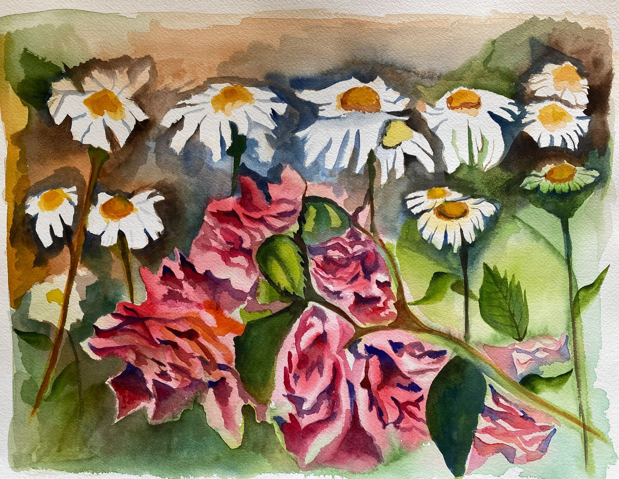 Watercolor painting of white daisies and pink roses with green leaves.