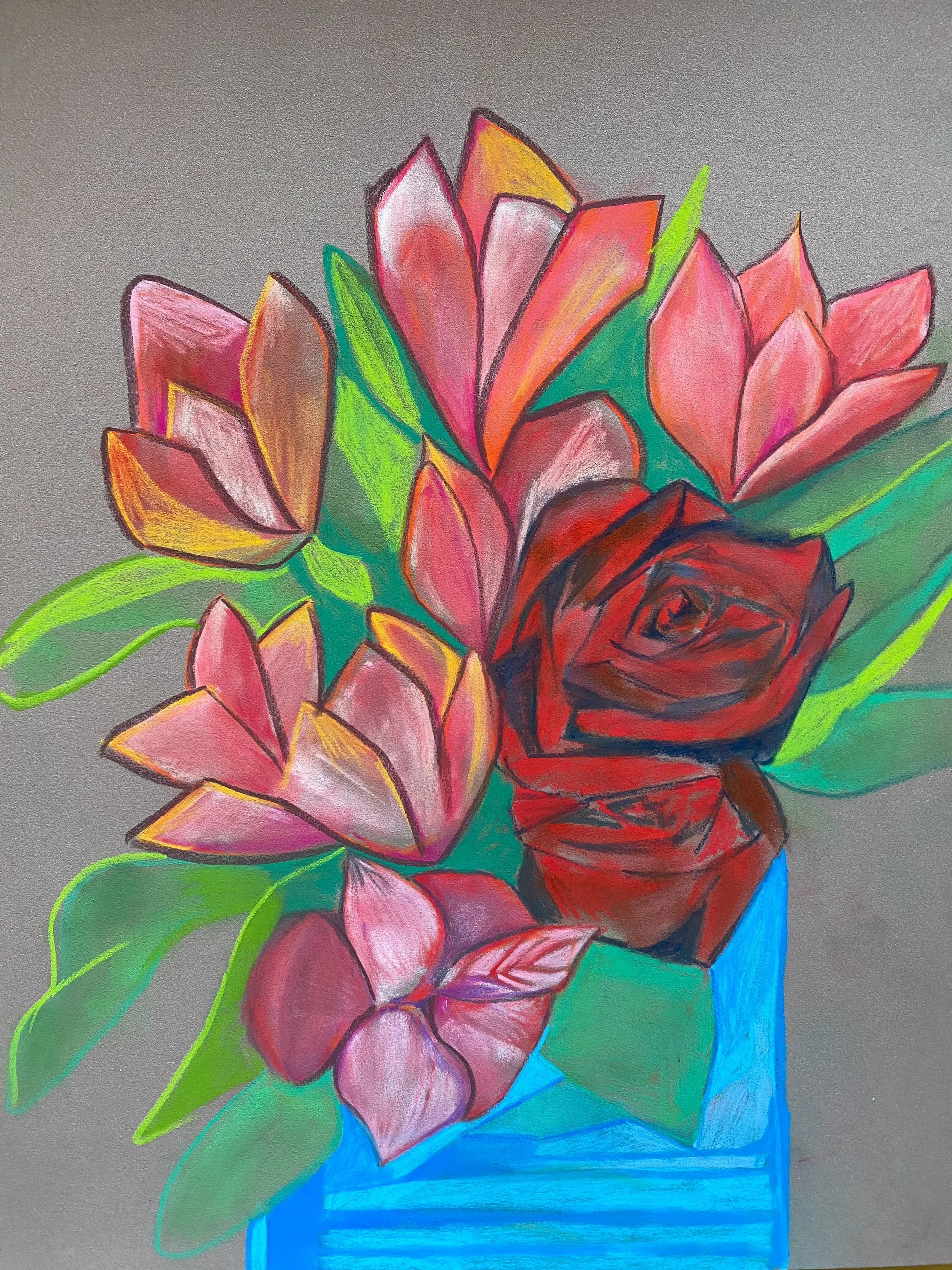 A colorful drawing of a bouquet of flowers, including pink and red blooms and green leaves, in a blue vase on a gray background.