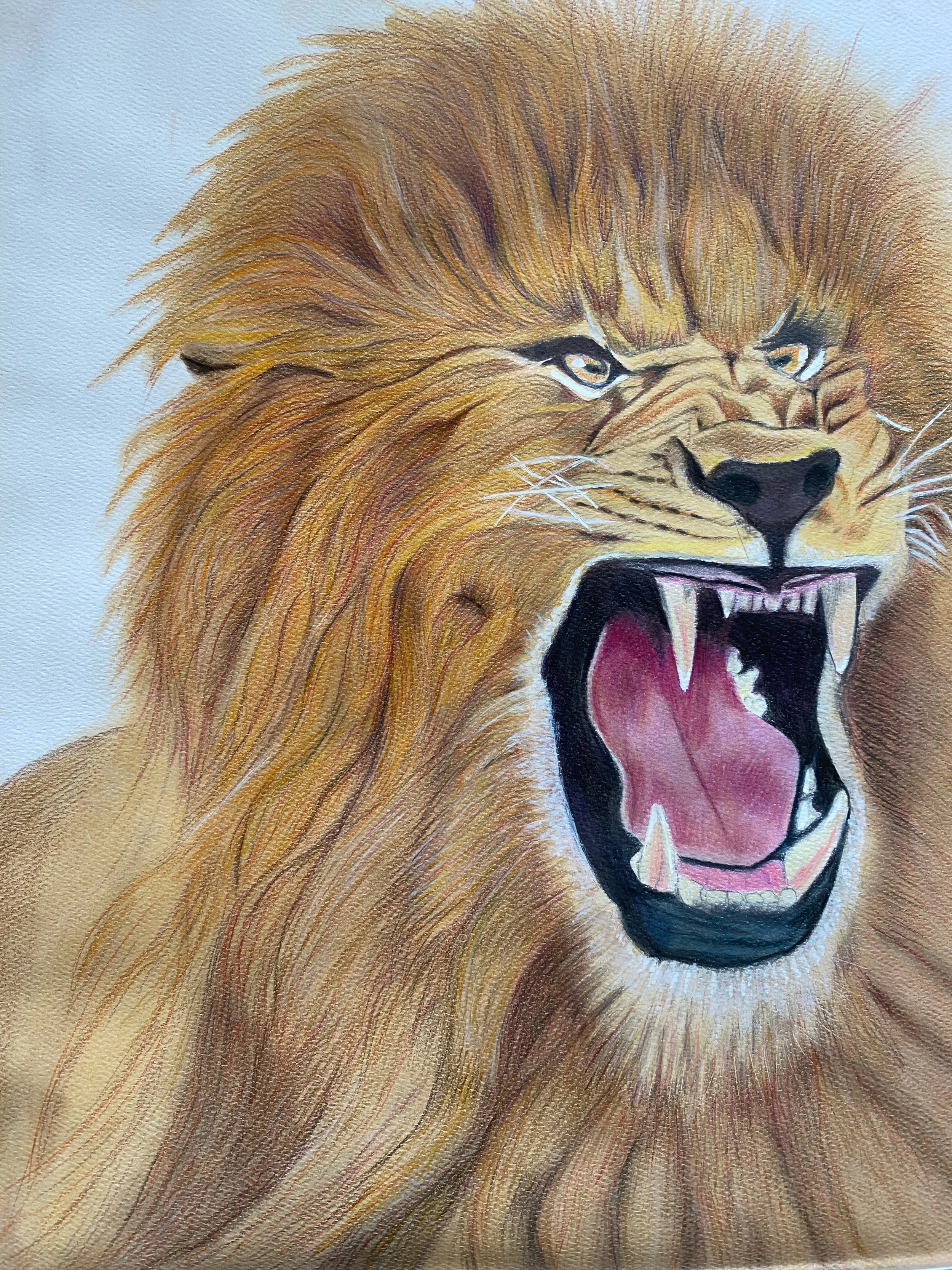 A detailed painting of a roaring lion with a golden mane, showing sharp teeth and an open mouth.