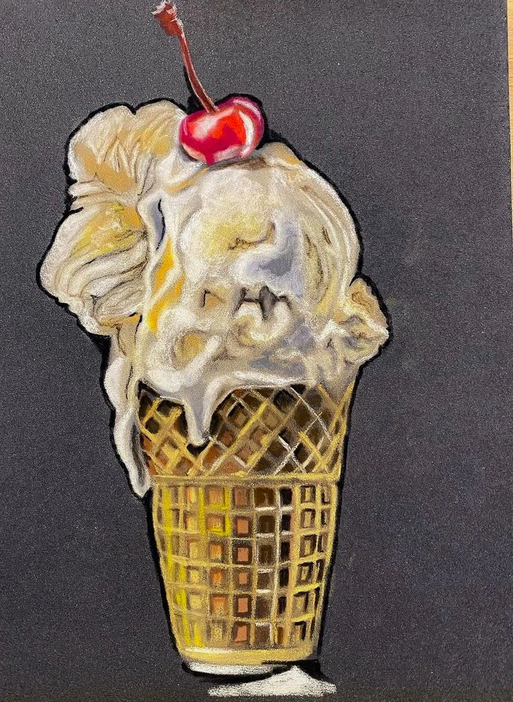 A colorful painting of an ice cream cone with three scoops, topped with a cherry and a wafer, set against a dark background.