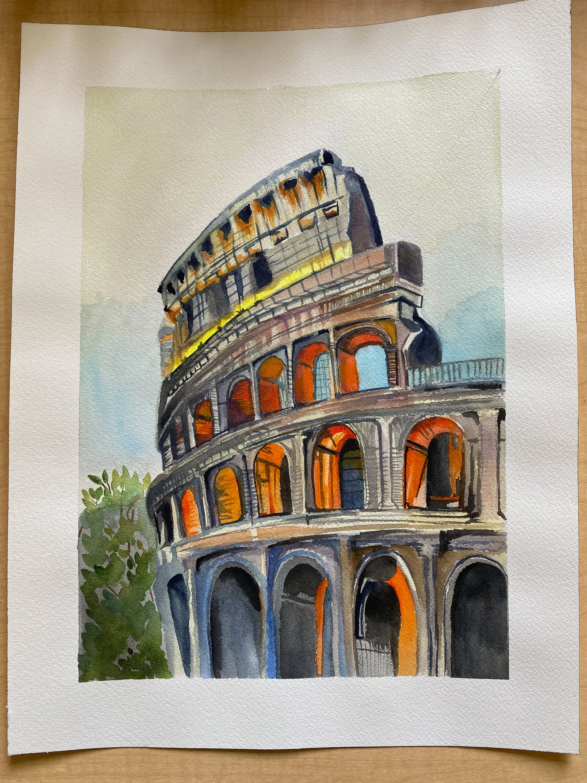 Watercolor painting of the Leaning Tower of Pisa with green trees on the left side.
