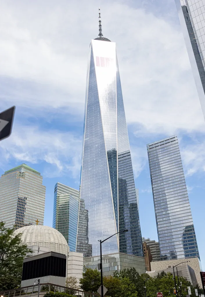 One World Trade Center rising over Lower Manhattan near the 9/11 Memorial