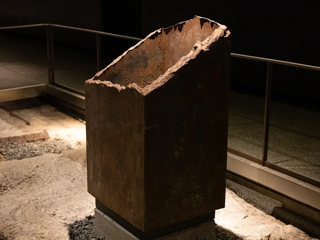 Damaged World Trade Center steel column on display at the 9/11 Memorial Museum