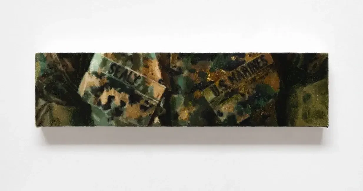 A rectangular box with a camouflage pattern containing military-style patches and tokens.