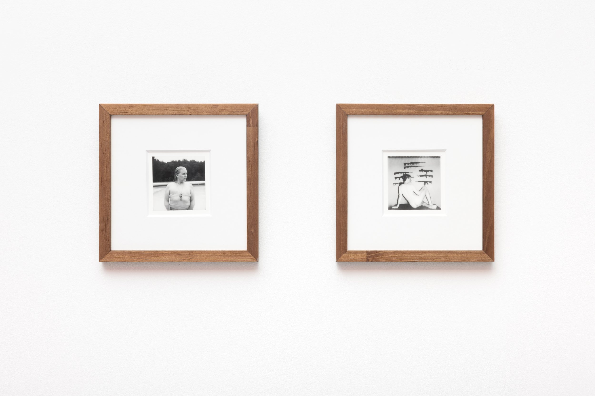  Luek Collins  
 Portrait of My Mother (Nude, Wearing My Father's Dog Tags) and Self Portrait (Nude, in Front of the Gun Wall in My Father's Doomsday Bunker), from God is a Talented Liar  
2025 
Polaroid 
10 × 10 in. framed
