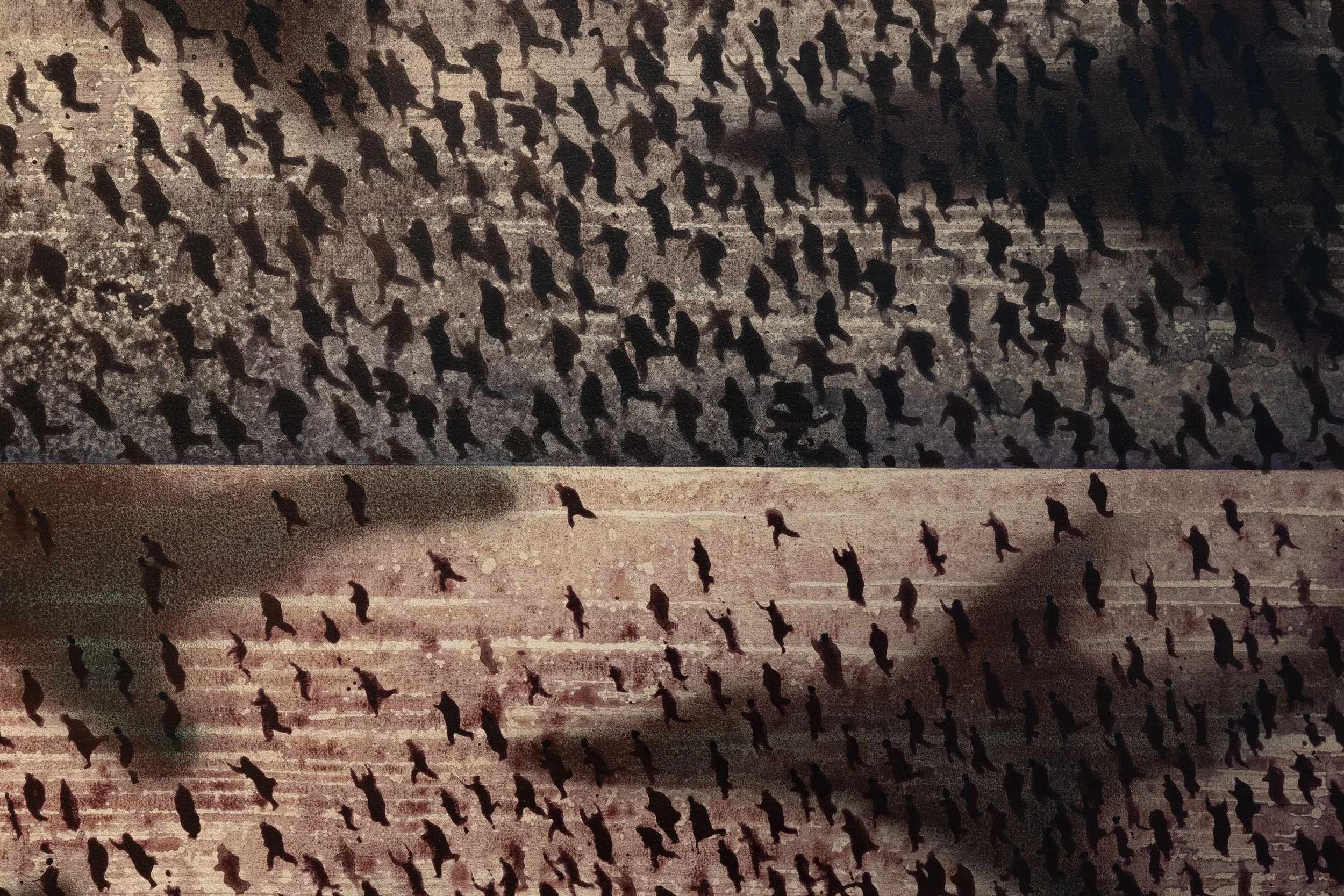 Detail of a Juan Genoves painting showing crowds of small running figures, cover image for the Where Have All the Flowers Gone exhibition essay