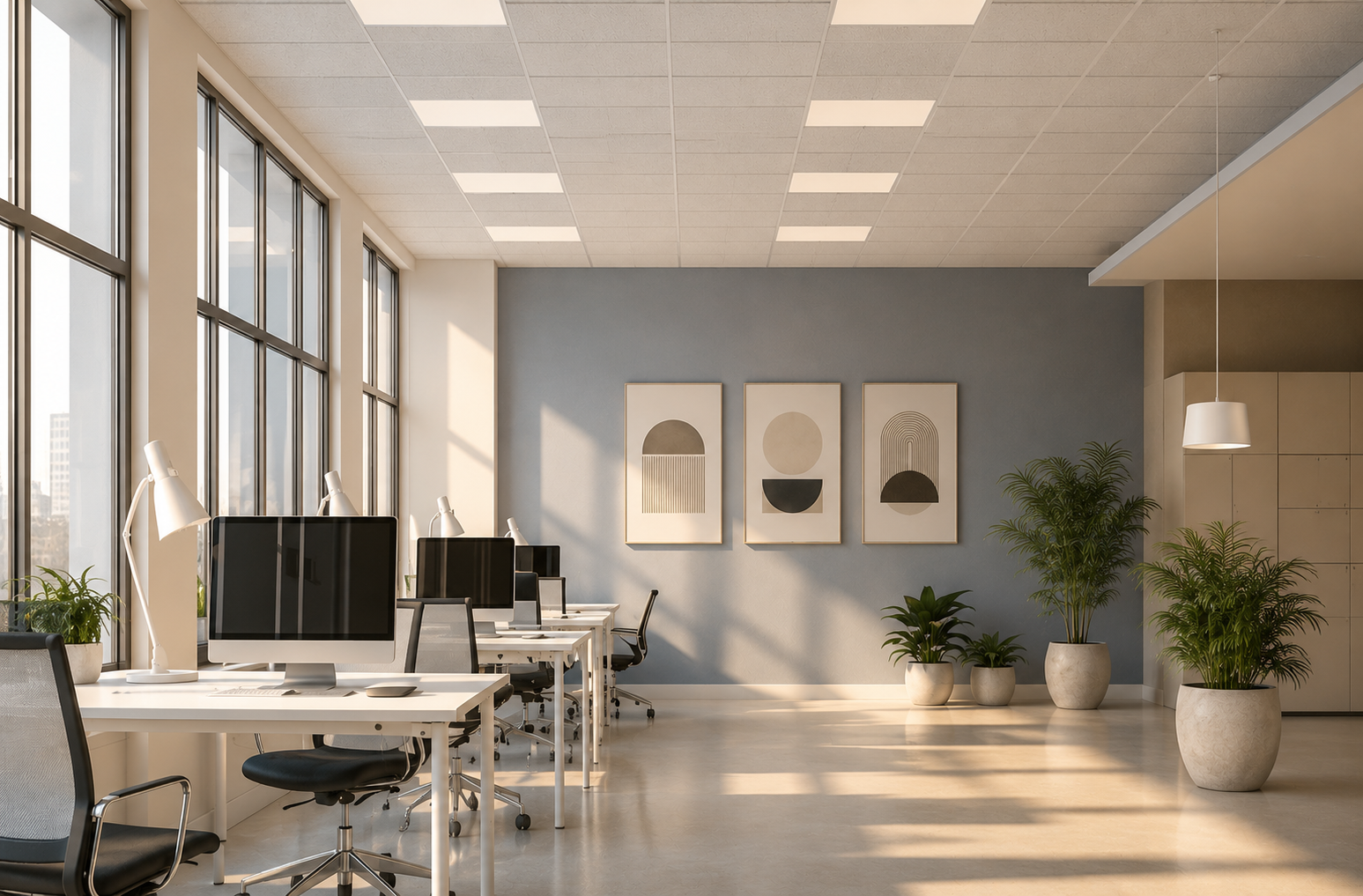 Modern, empty office space with desks, computers, chairs, large windows, potted plants, and a blue accent wall.