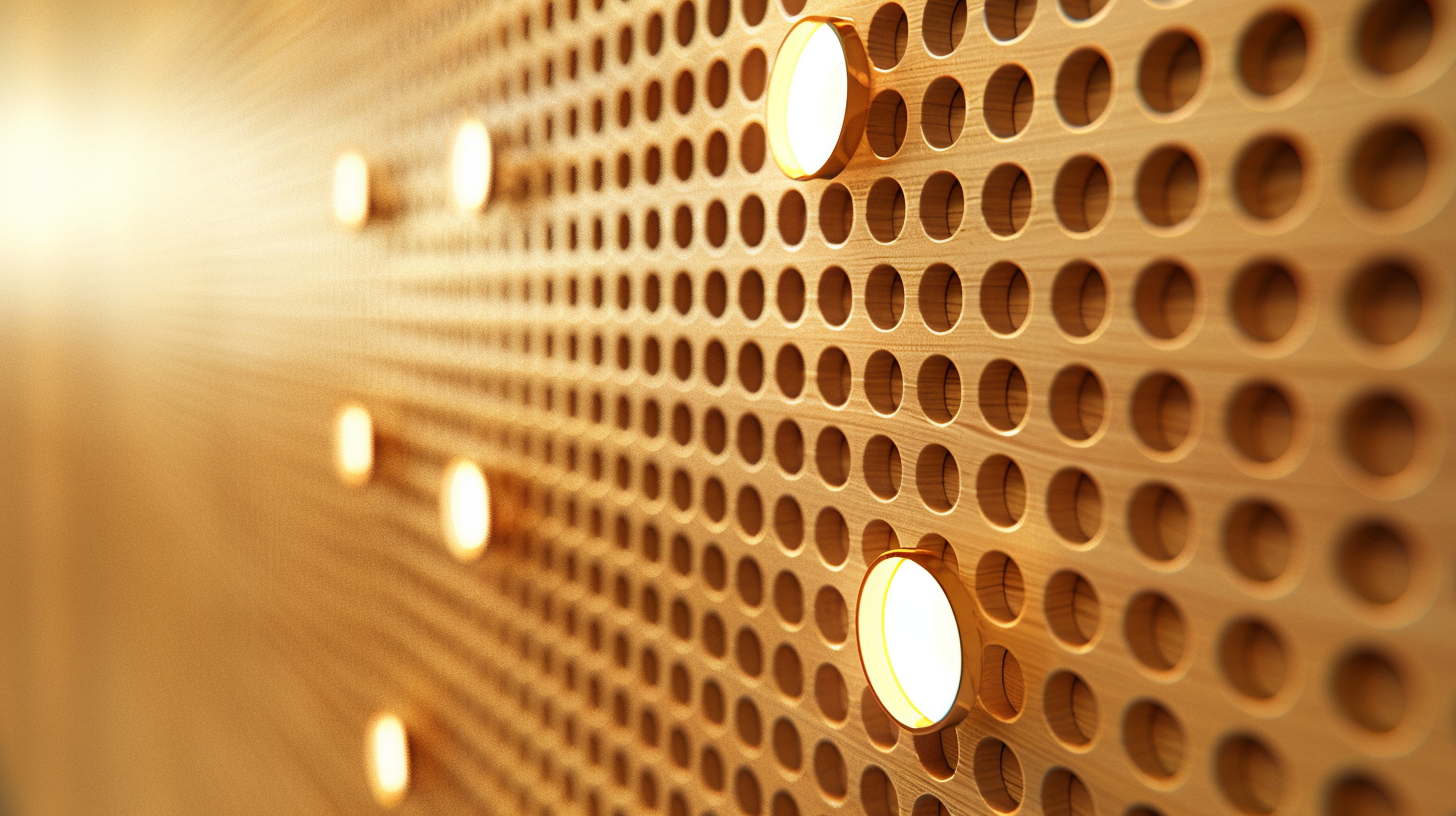 Close-up view of a perforated wooden panel with circular holes and embedded lights, creating a warm, modern decorative wall feature.