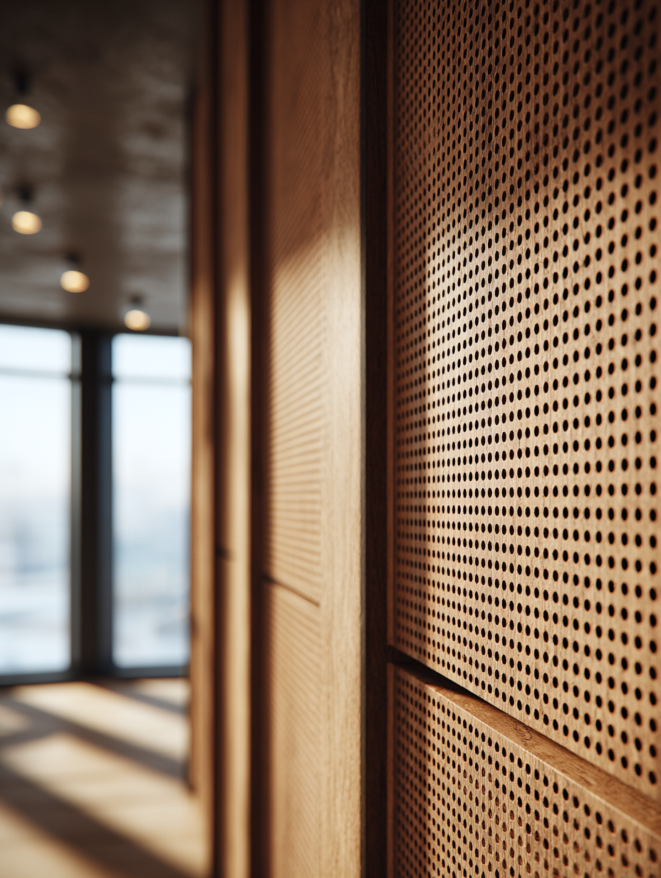 Close-up of wooden acoustic panels with perforated patterns in a modern interior space, sunlight casting shadows on the floor, with large windows in the background.