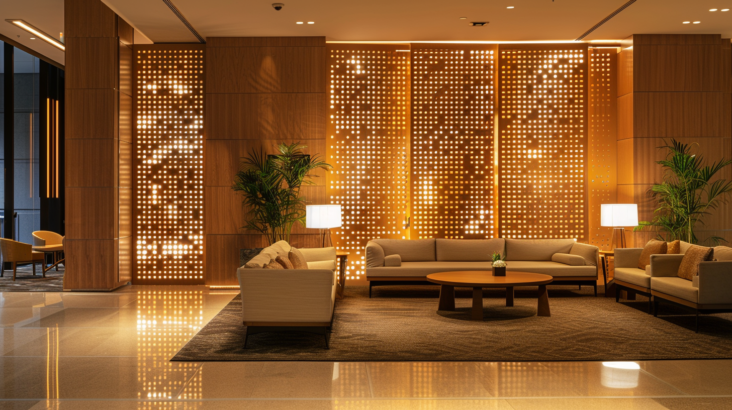 Modern hotel lobby with beige sofas, wooden coffee table, tall floor lamps, potted plants, and decorative illuminated wooden panels.