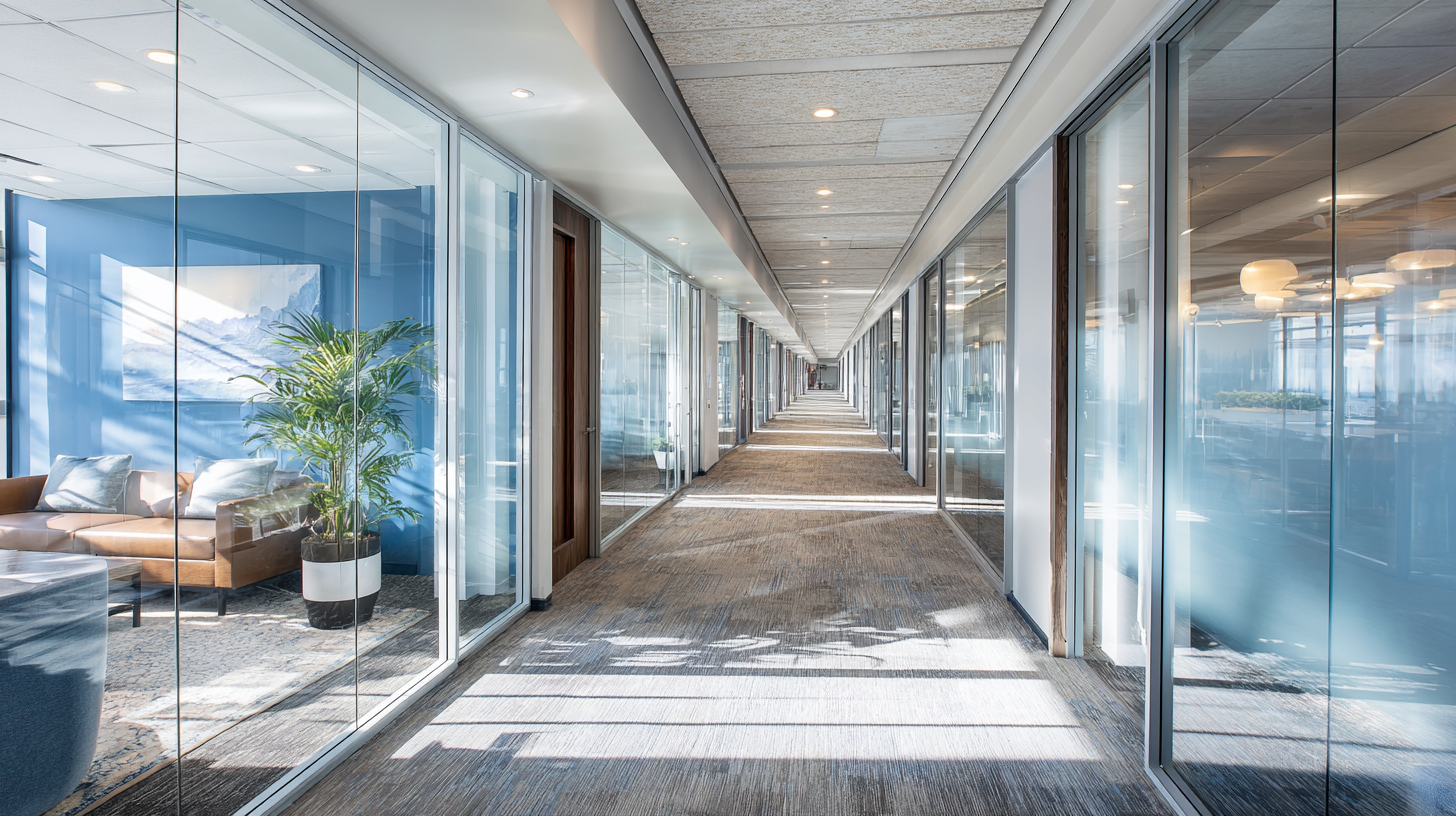 Empty hallway with glass partitions and offices on either side, sunlight casting shadows on the carpeted floor.