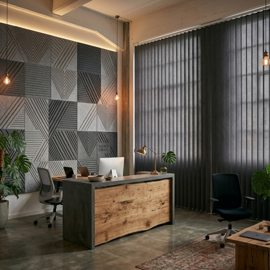Close-up of black foam acoustic panels arranged in a diagonal herringbone pattern.
