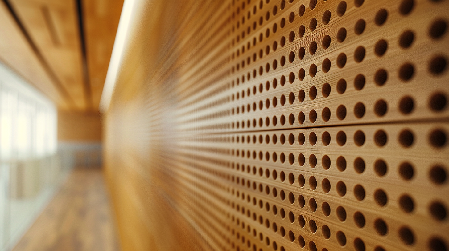 Close-up of a perforated wooden wall with circular holes, with a blurred hallway and window in the background.