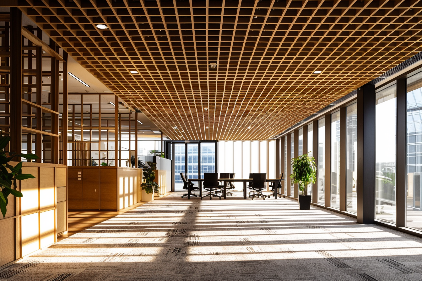 Modern office space with wooden accents, large windows allowing natural light, a conference table with chairs, plants, and patterned carpet.