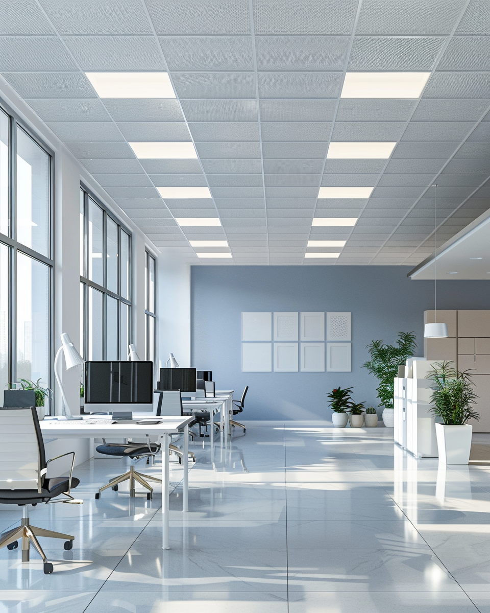 Modern, empty office space with desks, computers, chairs, large windows, potted plants, and a blue accent wall.