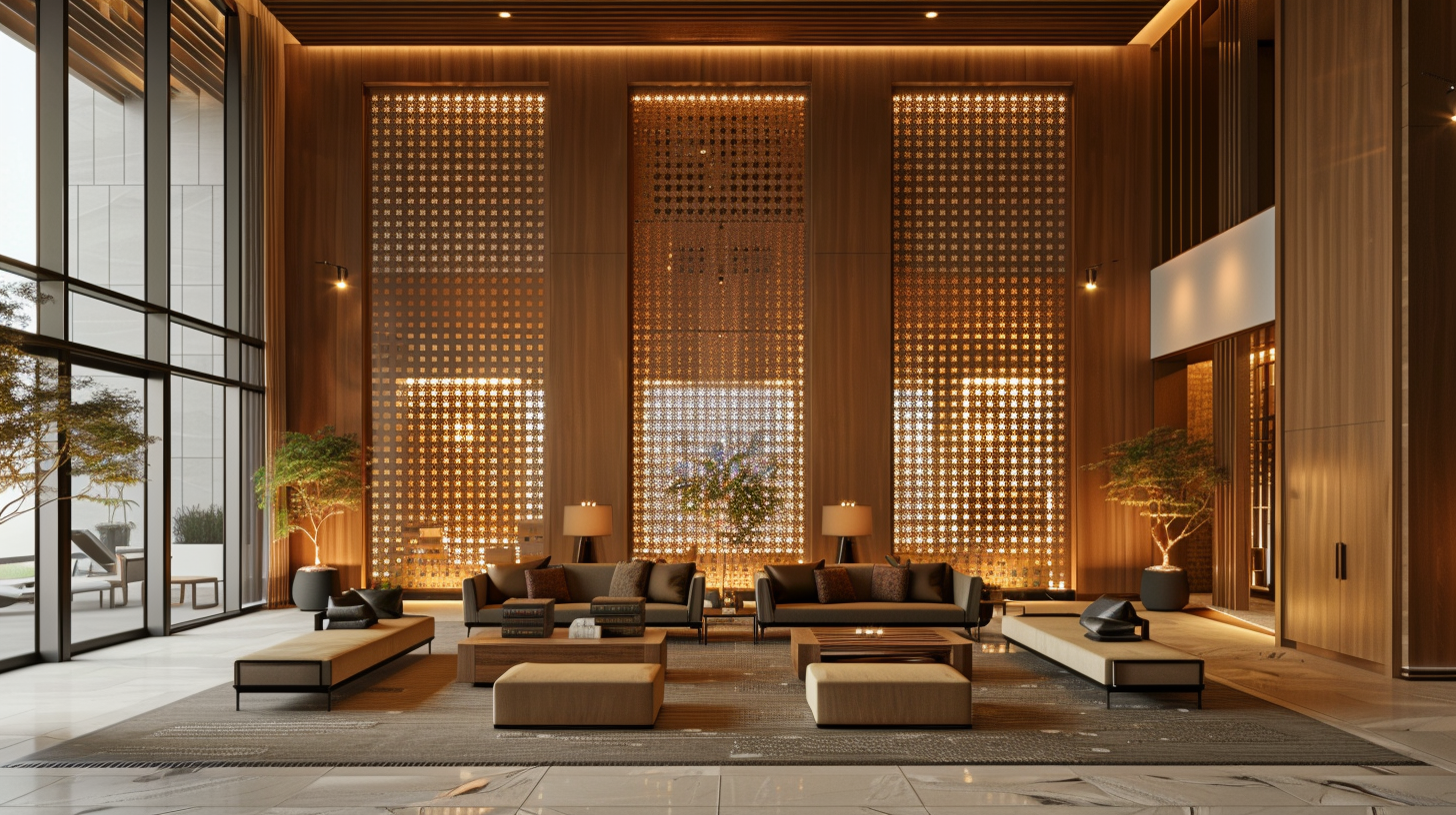 Elegant hotel lobby with high ceilings, large windows, modern seating, and warm lighting.