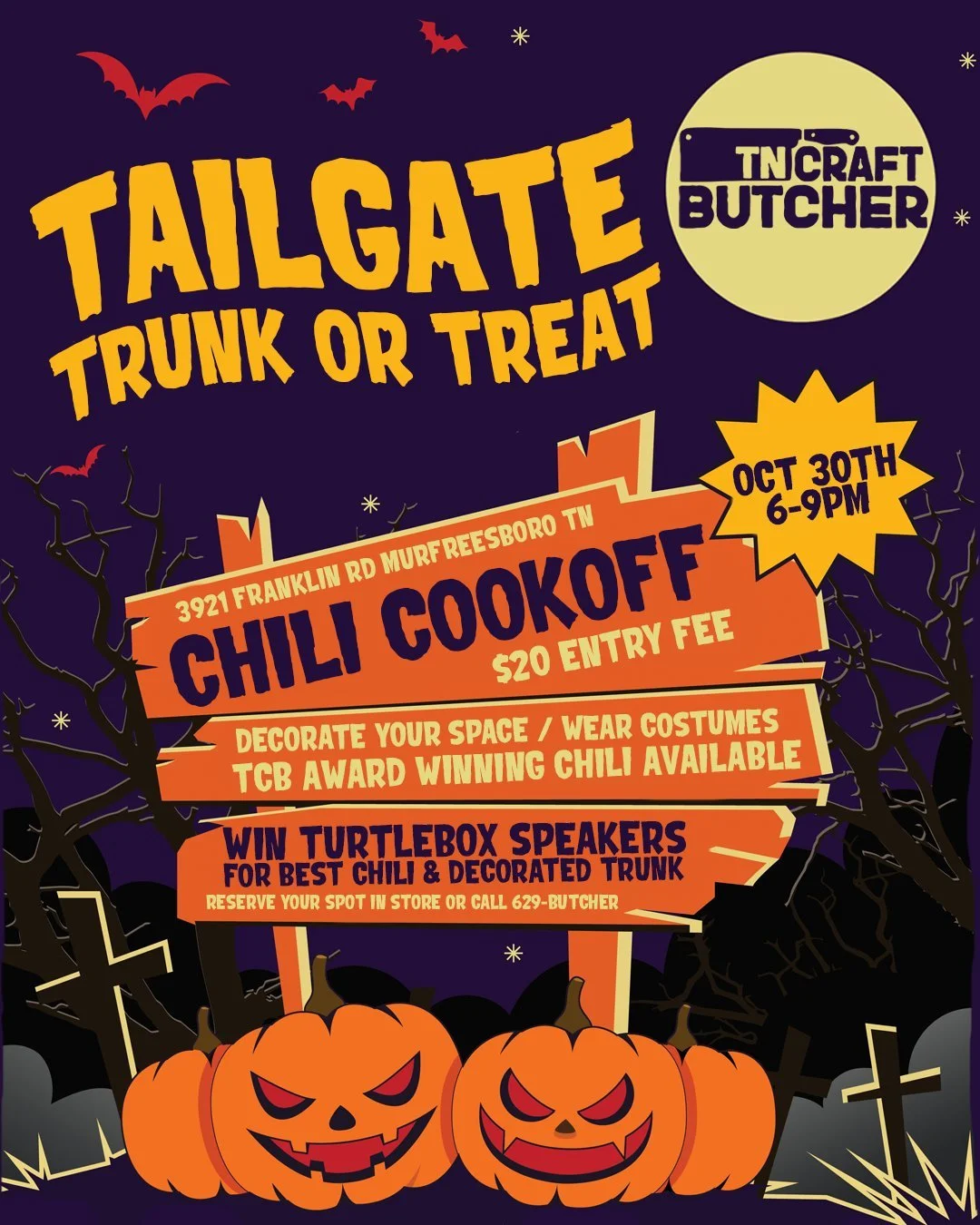 Bring the family out to TCB this THURSDAY, 6–9PM for a night of spooky & spicy fun! Decorate your trunk for the kids, serve up your best chili, and enjoy a family-friendly evening at TCB.