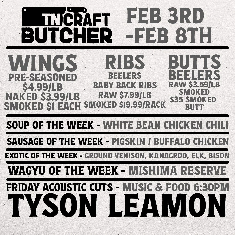 Big game plans start at TCB! Wings, ribs, and butts on special this week.