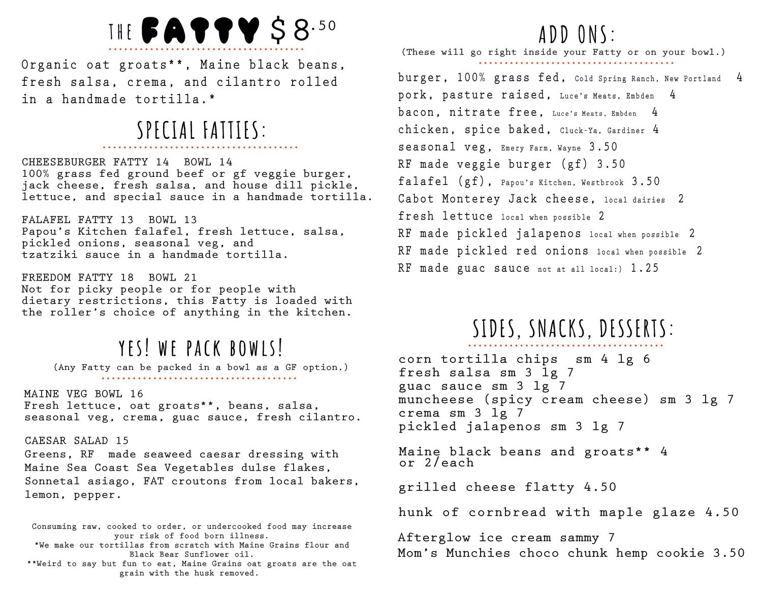 Rolling Fatties locally sourced restaurant menu